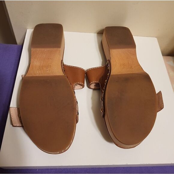 J. Crew Cognac Leather Double Strap/Buckle Wood Sole Sandals Sz.6 MSRP $188 - Picture 8 of 8